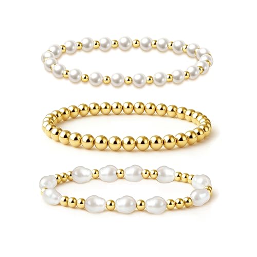 Zeffy Gold Beaded Bracelets for Women Dainty Baroque Pearl Stackable14K Gold Plated Stretch Bead Ball Bracelet Set Trendy Jewelry Gifts 3pcs