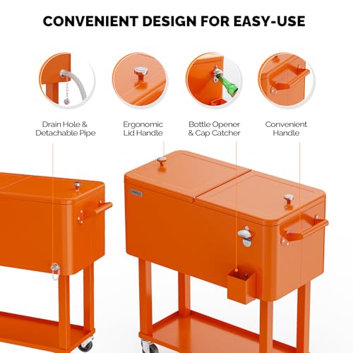 Image of VINGLI Rolling Ice Chest, Portable Patio Party Bar Drink Cooler Cart, with Shelf, Beverage Pool with Bottle Opener