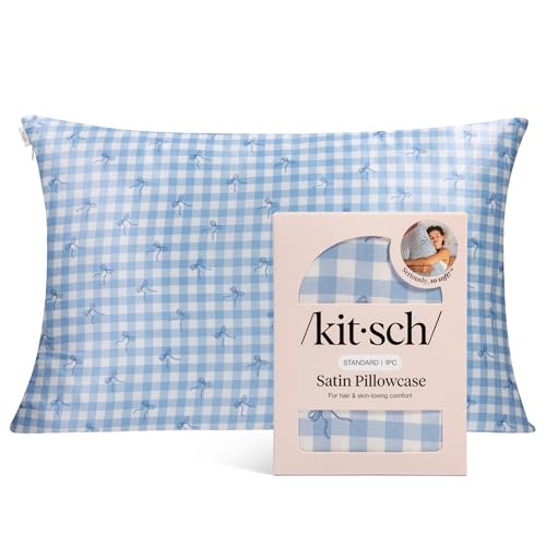 Image of Kitsch Satin Pillowcase with Zipper - Standard Size, Gingham Blue | Softer Than Silk Pillow Cases, Smooth Cooling Satin Pillow Case for Hair and Skin, Wrinkle-Free, Machine Washable