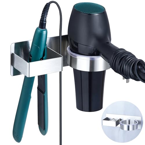 YYBO Fönhalter Ohne Bohren, Glätteisen Halterung, Föhn Halterung für Haartrockner und Glätteisen, Föhnhalter Wand, Haartrocknerhalter Wandhalterung, Selbstklebend Fönhalterung für Bad Hotel (Silber)