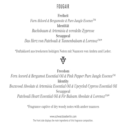 Schwarzlose Fougair - Unisex EDP Zapach w sprayu - Długotrwały i urzekający perfume z Bergamot, różowa paczula i bursztyn - Spray do ciała z zapachem aromatycznym i pasterskim - 3,4 uncji