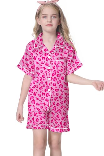 Image of Umeyda Women & Girls Pajamas Set, Soft Satin Lightweight Silk Button-Down Top with Shorts 2 Piece PJS for Mom Boys Kids Gifts