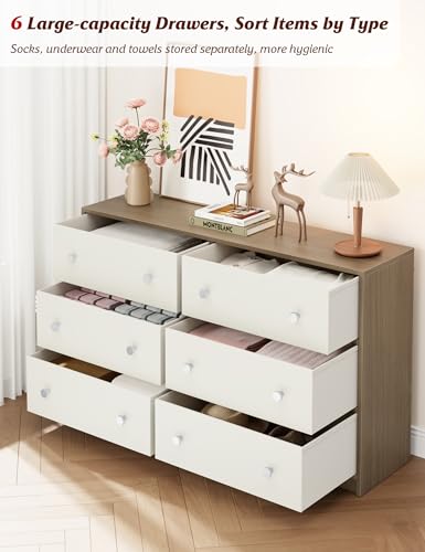 Nicehill 6 Drawers Dresser for Bedroom, Fabric Storage Tower,Dresser & Chest of Drawers Organizer,Storage Cabinet,Hallway, Closets, Living Room,Wooden Dresser(Light Wood Grain and White)