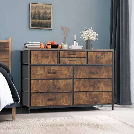 Jojoka Wide 10 Drawer Dresser,TV Stand Entertainment Center Fabric Storage Dressers Drawers for Bedroom, Hallway, Nursery, Closets, Steel Frame, Wood Top (Rustic)