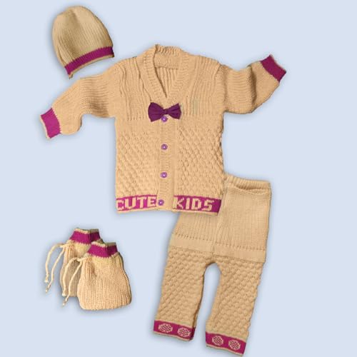 Image of Baby Unisex New Born Baby Boys Girls Soft Comfortable Trendy Woolen Round Neck Stripe Sweater Set with Payjami, Cap and Pair of Booties for Toddlers