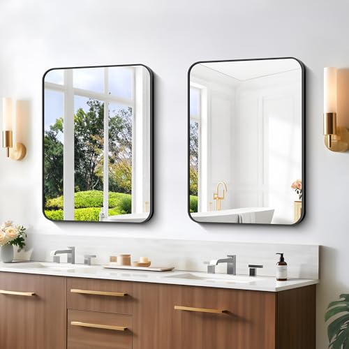 Image of Bathroom Mirror, 18 x 24 inch Metal Framed Black Rectangle Mirror, Rounded Corner Rectangular Vanity Mirror, Wall Mounted Mirror for Modern Bedroom Living Room Hangs Horizontal or Vertical