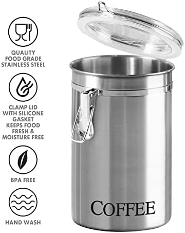 Oggi Stainless Steel Coffee Canister 62 fl oz - Airtight Clamp Lid, Clear See-Thru Top - Ideal for Coffee Bean Storage, Ground Coffee Storage, Kitchen Storage, Pantry Storage. Large Size 5" x 7.5". - Thumbnail 2