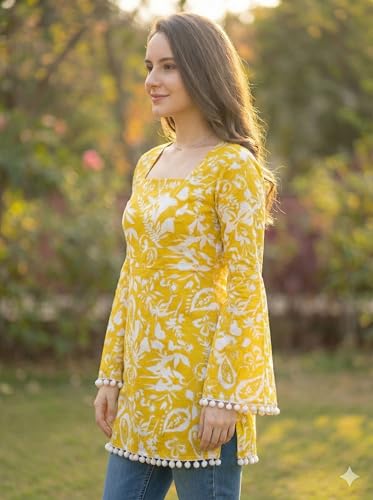 Image of Women's Premium Viscose Rayon Floral Printed Short Kurti | Stylish Bell Sleeves with Pom-Pom Lace | Teal Blue Tunic Top for Jeans & Office Wear