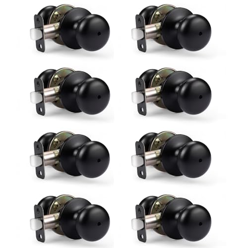 KNOBWELL 8 Pack Privacy Door Knob for Bathroom or Bedroom Door Knobs, Round Interior Door Knobs, Indoor Door Knob, Keyless Black Door Knob with Lock, Door Handle Lock for Interior Doors, Matte Black