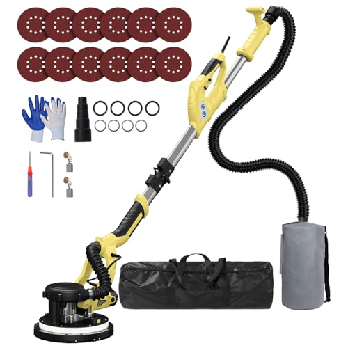 Drywall Sander, 2025 Upgraded 8-Amp Popcorn Ceiling Removal Tool with 7 Variable Speed 800-1800RPM, Drywall Sander with Vacuum Dust Collector with Extendable Handle, LED Light, 12pcs Sanding Discs