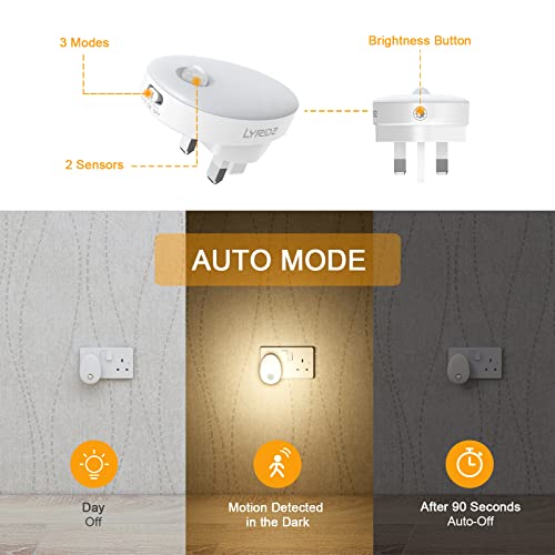 Lyridz Night Light Plug in Wall (2Pack), LED Motion Sensor Lights Indoor, Dimmable Warm White Night Light with Auto/On/Off Mode for Nursery Kids Children's Room Bedroom, Stairs, Hallway, Corridor - Cosy Home Interiors Lyridz Night Light Plug in Wall (2Pack), LED Motion Sensor Lights Indoor, Dimmable Warm White Night Light with Auto/On/Off Mode for Nursery Kids Children's Room Bedroom, Stairs, Hallway, Corridor - Image 3