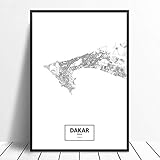 Impressions Sur Toile Décoration Murale,Dakar Noir Blanc Personnalisé Monde Carte De La Ville Photos Imprimer Sur Toile Style Nordique Mur Art Affiche Salon Décor À La Maison Toile Peinture Sans C