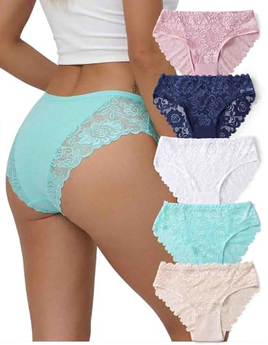 everjoys Lace Panties for Women, Full Sexy Coverage Hipster Underwear, Soft Breathable Briefs, 5-Pack,L
