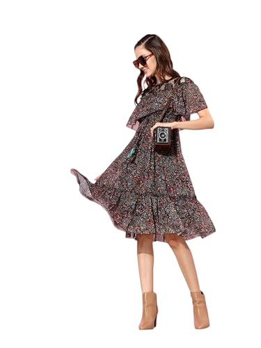Image of Miss Chase Women's Round Neck Sleeveless Polyester Ruffled Knee- Length Dress