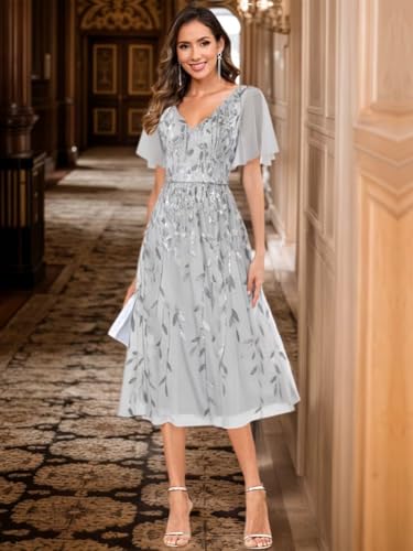 Women's Mother of The Bride Dresses Tulle Sequin Formal Wedding Guest Dress Elegant Tea Length Evening Prom Gown2