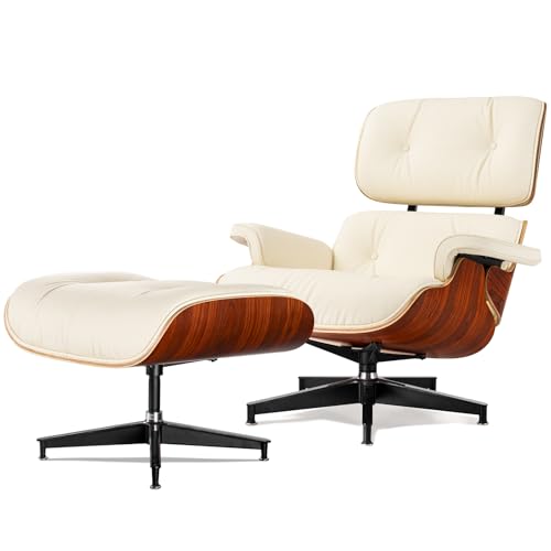 Mid Century Lounge Chair with Ottoman,Top Ivory Grain Leather Accent Chair,chase lounge chair indoor, Modern Chair Classic Design, Heavy Duty Base Support for Living Room Office Palisander Ivory