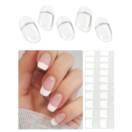 AutyaMee Semi Cured Gel Nail Strips (A White French), 20 Pcs Gel Nail Wraps, Stickers, UV Light Required, Salon Quality, Long Lasting