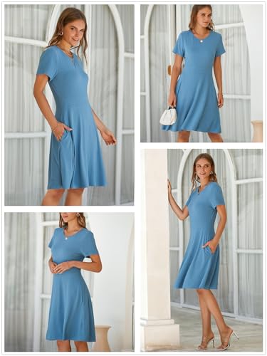 Image of Newshows Womens 2025 Summer Dresses Short Sleeve Ribbed Knit A-Line Swing Beach Vacation Outfits Casual Sundress with Pockets