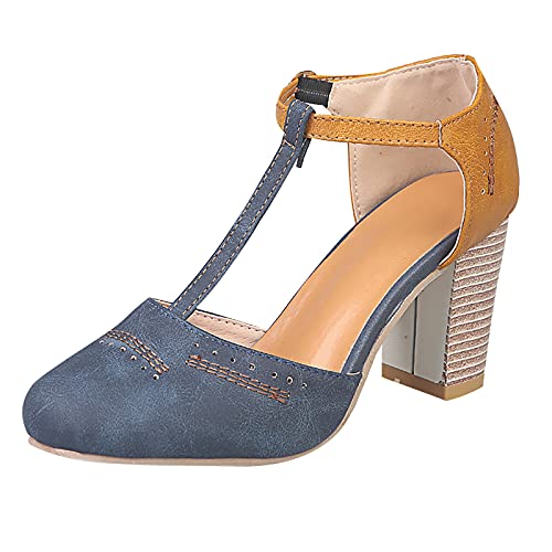 oiangi - Sandalias de tacón grueso para mujer, estilo casual, con correa en T, puntera y hebilla hueca, zapatos de tacón alto, de moda, bloque de...