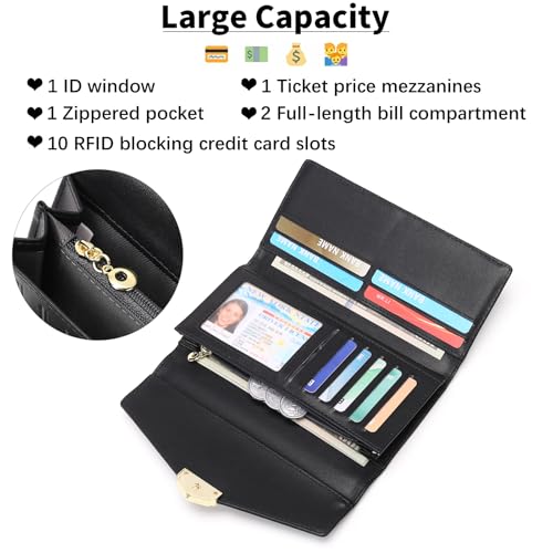 Image of Women's Wallet Leather RFID Blocking Large Capacity Trifold Card Holder Wallets Ladies Long Purse with ID Window