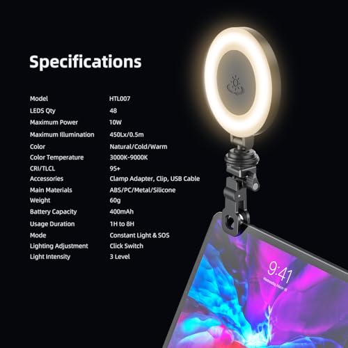 Image of Celfiexpt Selfie Light for Phone, Laptop & Camera, LED Video Light with Clip, Rechargeable Ring Light for Tripod, Dimmable 3 Color Modes, 360 Rotation for Zoom Meetings, Live Streaming