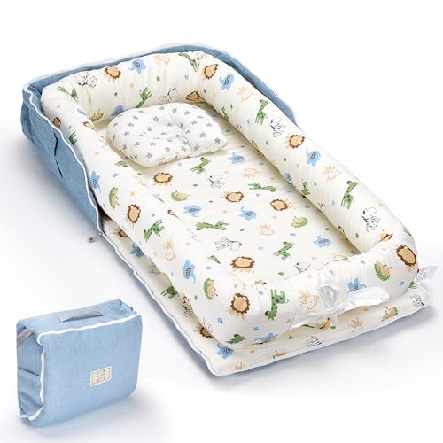 Huggynest Baby Lounger, Baby Nest for Newborn, Portable Breathable Infant Lounger Pillow Adjustable U-Shaped Safety Bumper for Cozy Comfort - Animal World Blue