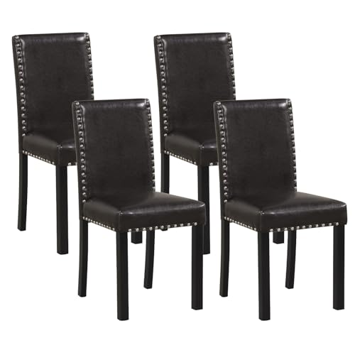 Giantex Dining Chairs Set of 4, Faux Leather Upholstered Parsons Kitchen Chairs with Solid Rubber & Bent Wood Legs, Thick Padded Seat, Armless Side Chairs for Living Dining Room Restaurant, Brown