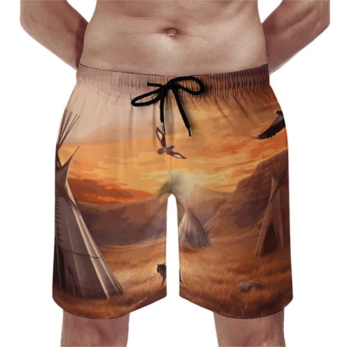 Men's Swim Trunks Native American Tribes Quick Dry Beach Shorts Mesh Lined Swimming Shorts with Pockets