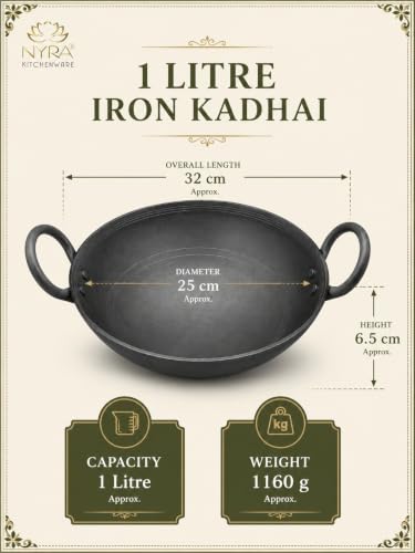 Image of NYRA Natural Traditional Black Iron Kadhai for Cooking Handmade Heavy Base Loha Kadai Lokhand /Lokhandi with Handle (Small - 1 LTR)