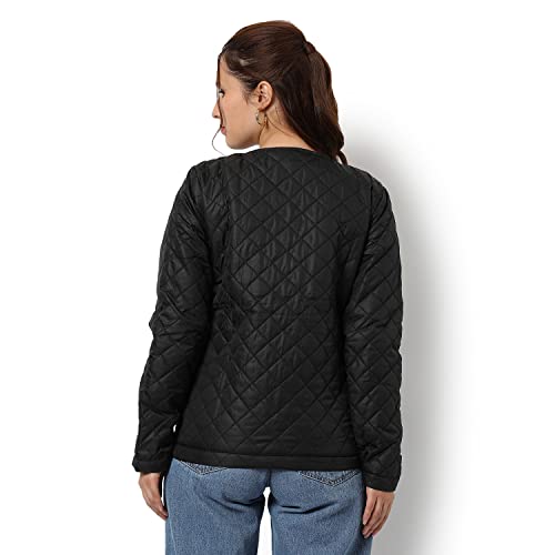 Image of Campus Sutra Women Black Regular Fit Bomber Jacket For Winter Wear | Standing Collar | Full Sleeve | Zipper | Casual Jacket For Woman & Girl | Western Stylish Jacket For Women