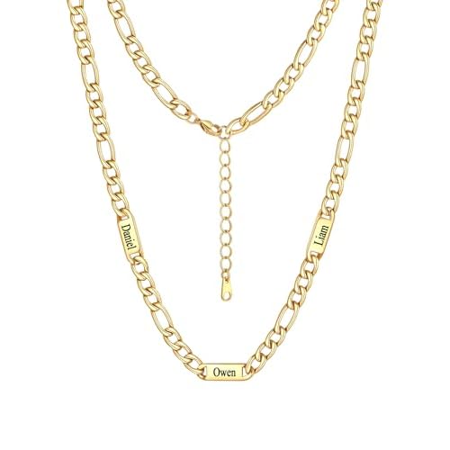 Custom4U Personalized Stainless Steel Figaro Chain for Men Women, 5mm/7mm Width Engraving 1-5 Names Figaro Chain Necklace, Steel/14K Gold Plated/Black Fathers Day Gift Hip Hop Jewelry+Send G