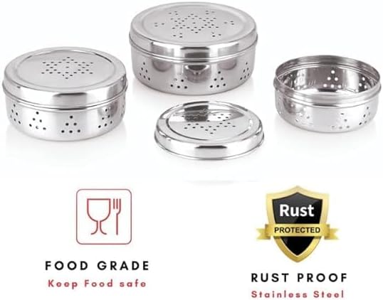 Stainless Steel Dhaniya Dabba with Holes Air Ventilation Fridge Storage Box for Coriander, Mint, Green Chilli, Green Onion Sprouts Maker Box | Kitchen Organizer Container | Puri Dabba (Set of 3)