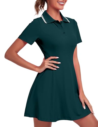Fkeep Women'S Golf Dress Tennis Dresses Workout Athletic Dress With Shorts/Short Sleeve/Pocket (Dark Turquoise, S)