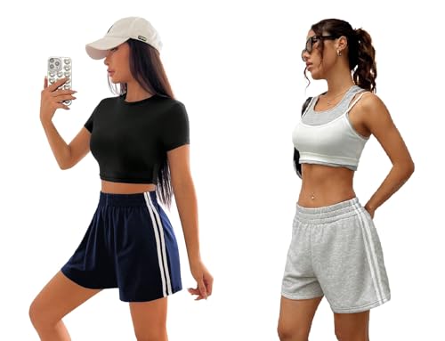 Image of Womens Casual Wear Net Stripe Shorts (Net Shorts-Grey,Navy)