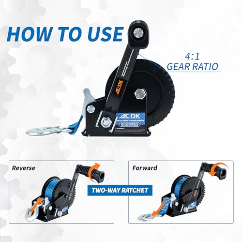 Image of 1600lbs Heavy Duty Boat Trailer Winch with 26FT Strap, 2-Way Ratchet & 4:1 Gear Trailer Winch, Portable Hand Crank Winch for Boat, Truck, Trailer, RV, ATV, Jet Ski