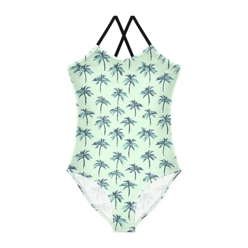 senya Girls Swimsuits One-Piece Swimwear Tie Bathing Suit Beach Summer Round Neck 7-8T Palm Trees Green Background Pattern