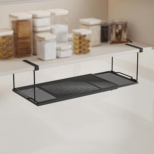 FORRTY 吊り下げラック 伸縮ラック 戸棚下 吊り下げ棚 棚吊りラック ラック 格納式サスペンション、炭素鋼素材、格納式、中空グリッド、設置不要、ドアを閉めるときに邪魔になりません、倍の収納スペース、格納式38-70cm、調味料ラップフィルム収納、リビ