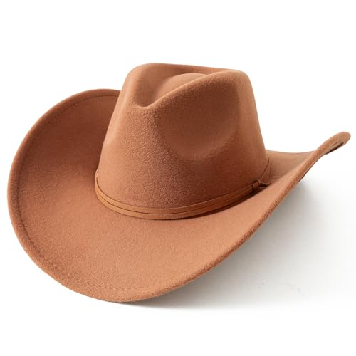 Image of Lanzom Women Men Retro Felt Wide Brim Western Cowboy Cowgirl Hat Dress Up Hat with Wind Lanyard
