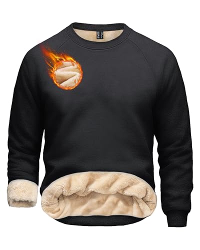 Boladeci Black Crewneck Sweatshirts for Men Sherpa Lined Fleece Pullover Heavy-weight Warm Thick Shirts Cotton Warm Winter Cold Weather Insulated Top
