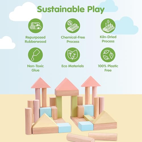 Image of PlanToys 40 Piece Unit Block Building and Construction Block Set (5507) | Pastel Color Collection |Sustainably Made from Rubberwood and Non-Toxic Paints and Dyes