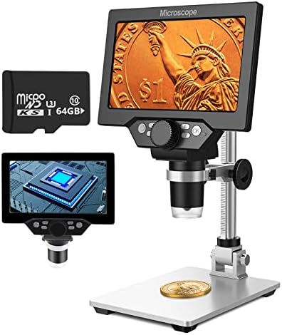 UF-TOOLS 7 Inch LCD Digital Microscope with 64GB TF Card, 1200x Magnification, 12MP Ultra-Precise Focusing Camera 1080P Video Microscope 8 LED Lights for Coin Circuit Board Soldering PC Watch Repair