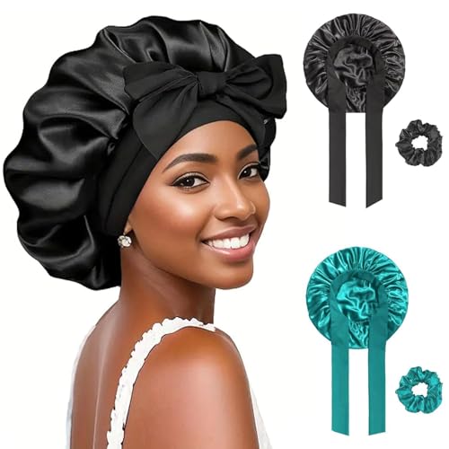 FOLAI 2 Stück Schlafmütze Satin Bonnet Nacht Schlaf Mütze Verstellbare Schlafkappe Kopfbedeckung Weiche Kopfhaube Schlafhaube Seide mit Gummizug für Damen und Mädchen（Schwarz+Grün）…