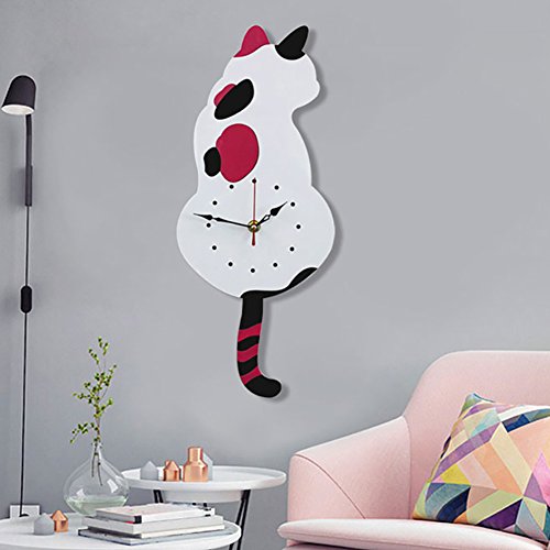 Topkey Horloge Murale créative Chat en Acrylique Blanc avec Pendule Queue de Chat (42 cm x 18 cm) Décoration d’intérieur pour Le Salon, la Chambre à...