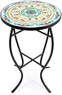 VONLUCE Mosaic Side Table and Plant Stand, 53.5cm Round Side Table with 36cm Ceramic Tile Top, Indoor and Outdoor Accent Table, Outdoor Patio Bistro Coffee Table for Home & Garden (Floral)