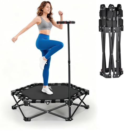 Trampolín de Fitness Plegable para Adultos en Interiores, Mini trampolín de 106 cm con asa Ajustable en Altura en 3 Posiciones, Estructura en X para Mayor Estabilidad, Capacidad de Carga de 150 kg