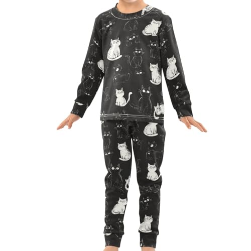 Pigsaly Pajama Set 2 Piece White Black Cats Pajama Sets Long Sleeve Pjs Sleepwear 8Y3