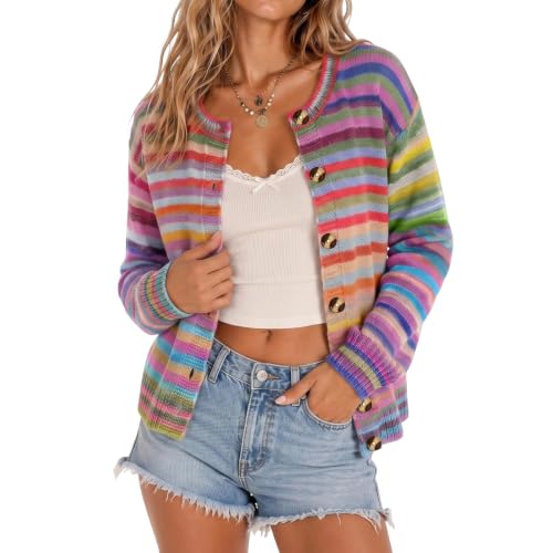 Sweater Cardigan Women Button Down Striped Rainbow Color Block Sweater - image 2