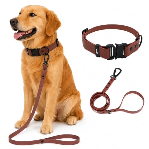 Image of Adil'S Waterproof Leash and Collar Combo Set - Adjustable & Breathable Biothane Collar with Leash Suitable for Medium & Large Size Dogs (Lease 5Ft), Chestnut, L