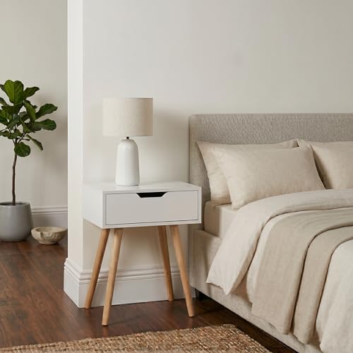 Image of UHUD CRAFTS Wooden Bedside Table with Drawer | Modern Nightstand for Bedroom | Compact Side Table with Storage | End Table for Living Room, Office & Home Decor | White Finish with Natural Wood Legs
