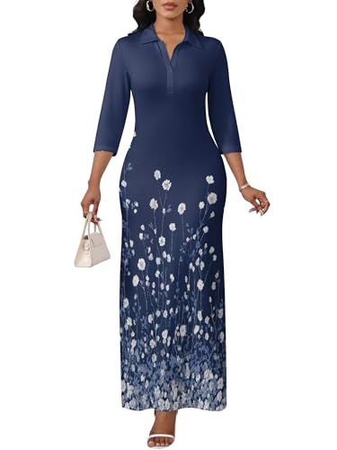 Image of PinkPatty Women's Casual 3 /4 Sleeve Polo V Neck Bodycon Maxi Dress | Semi formal, modest style, long fitted, versatile for church, work, business, office and daily wear
